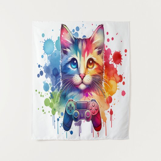 Gamer Cat Delight: Kleurrijke Waterverf Tapestry Wandkleed (Voorkant)