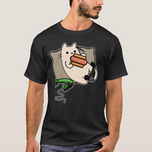 Gamer Cat Eating Hot Dog Game Loading T-shirt (Voorkant)