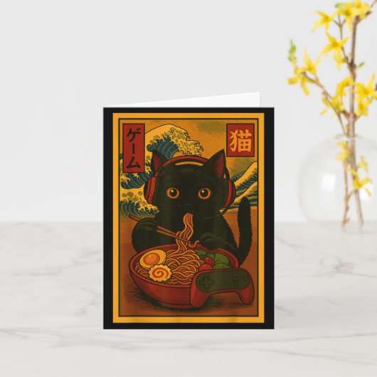 Gamer Cat Eating Ramen Japanese Style Kaart (Gele Bloem)