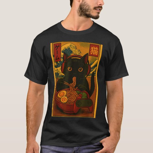 Gamer Cat Eating Ramen Japanese Style  T-shirt (Voorkant)