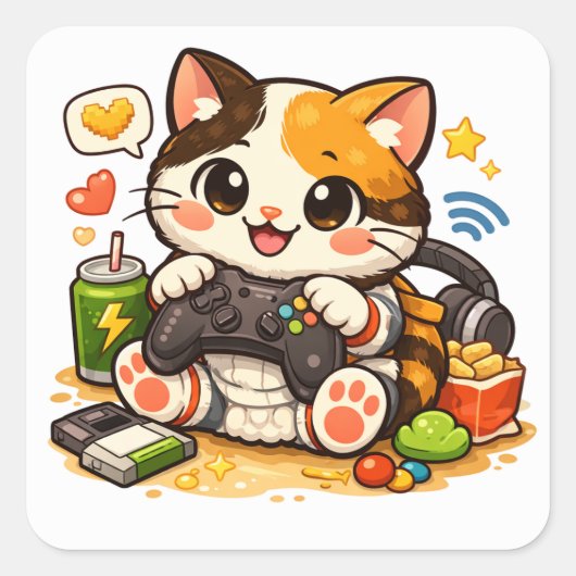 Gamer Cat with Controller | Funny Gaming Cat Desig Vierkante Sticker (Voorkant)