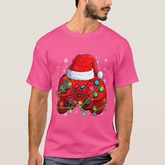 Gamer Christmas Video Game Santa Hat Lights Gaming T-shirt (Voorkant)