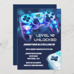 Gamer console neon verlichting jongens gaming part kaart<br><div class="desc">Een moderne en coole illustratie van een see through blue plastic videogame controller met de verjaardagsjongen of meisjes leeftijd op het digitale paneel heeft sjablonen in het wit op een donkerblauwe achtergrond die kan worden gepersonaliseerd. De videoconsole heeft levendige blauwe neonlichten achter waardoor de controller pop maakt. Deze zijn ideaal...</div>