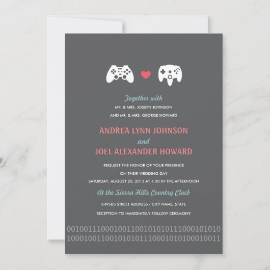 Gamer Controller Love Wedding Invites - Rood & gri Kaart (Voorkant)