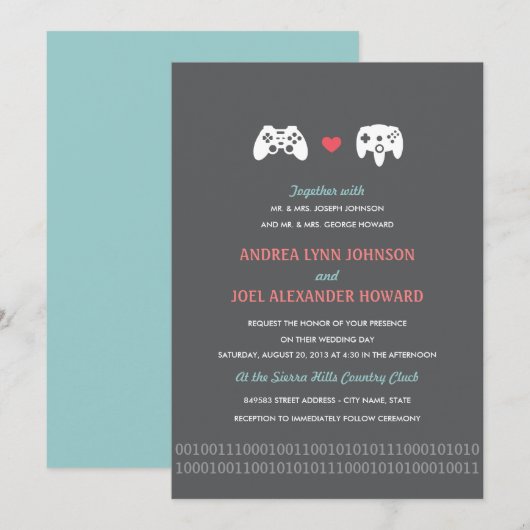 Gamer Controller Love Wedding Invites - Rood & gri Kaart (Voorkant / Achterkant)