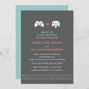 Gamer Controller Love Wedding Invites - Rood & gri Kaart