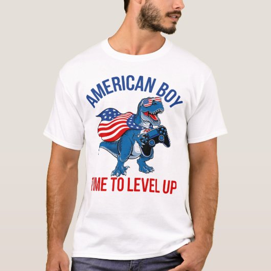 Gamer Dino American Boy Level Up T-shirt (Voorkant)