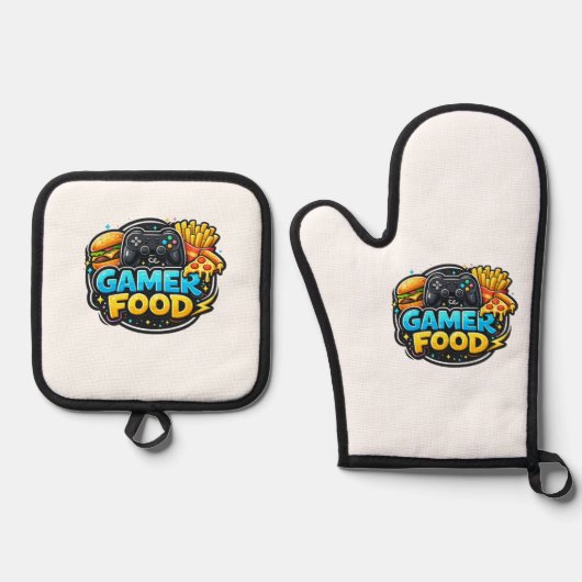 Gamer Food Oven Mitts – Funny Gaming Kitchen Ovenwant & Pannenlap Set (Voorkant)