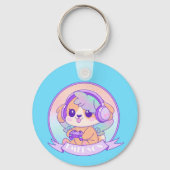 Gamer Girl Kawaii Chibi Dog Baby Blauw Met Naam Sleutelhanger (Voorkant)
