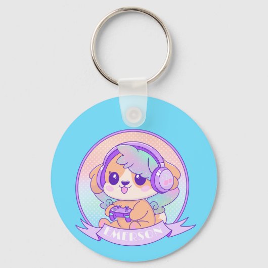 Gamer Girl Kawaii Chibi Dog Baby Blauw Met Naam Sleutelhanger (Voorkant)