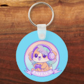 Gamer Girl Kawaii Chibi Dog Baby Blauw Met Naam Sleutelhanger (Achterkant)