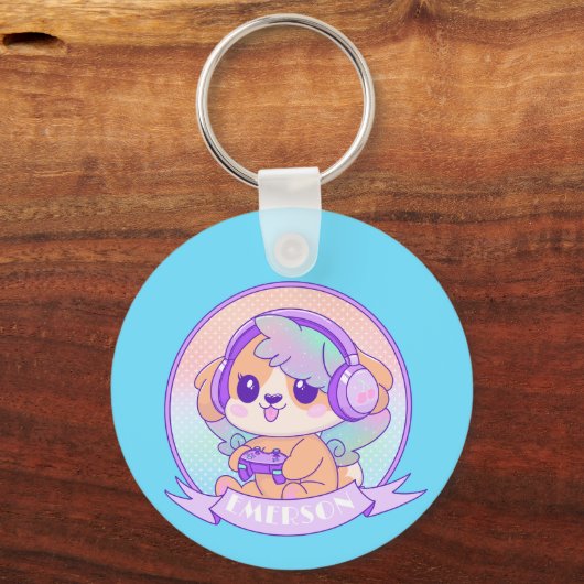 Gamer Girl Kawaii Chibi Dog Baby Blauw Met Naam Sleutelhanger (Voorkant)