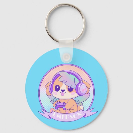 Gamer Girl Kawaii Chibi Dog Baby Blauw Met Naam Sleutelhanger (Achterkant)