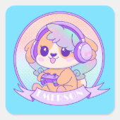 Gamer Girl Kawaii Chibi Dog Baby Blauw Met Naam Vierkante Sticker (Voorkant)
