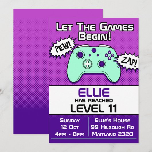 Gamer Girl Paars 11e verjaardag uitnodiging (Voorkant / Achterkant)