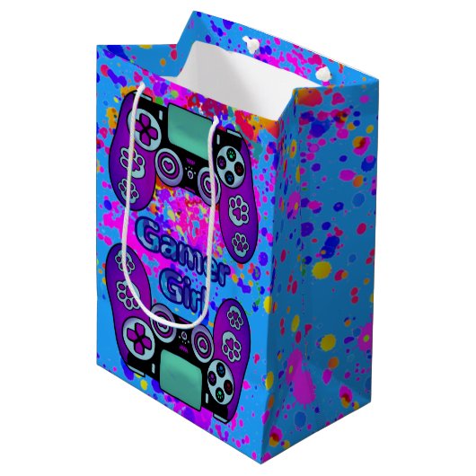 Gamer Girl Party Verjaardag  Paint Splash Medium Cadeauzakje (Voorkant Gekanteld)
