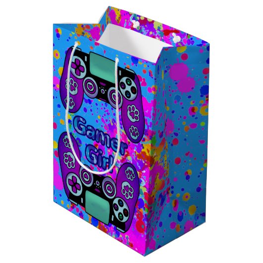 Gamer Girl Party Verjaardag Paint Splash Medium Cadeauzakje (Achterkant Gekanteld)
