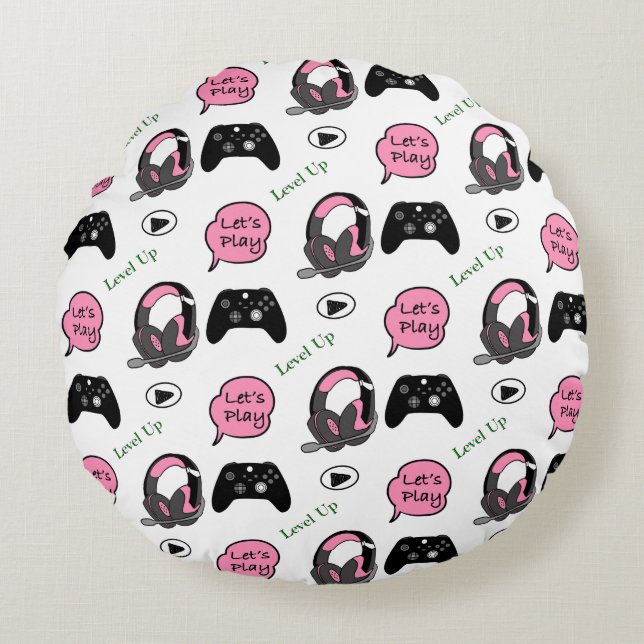 Gamer Girl Pink en Black Rond Kussen (Voorkant)