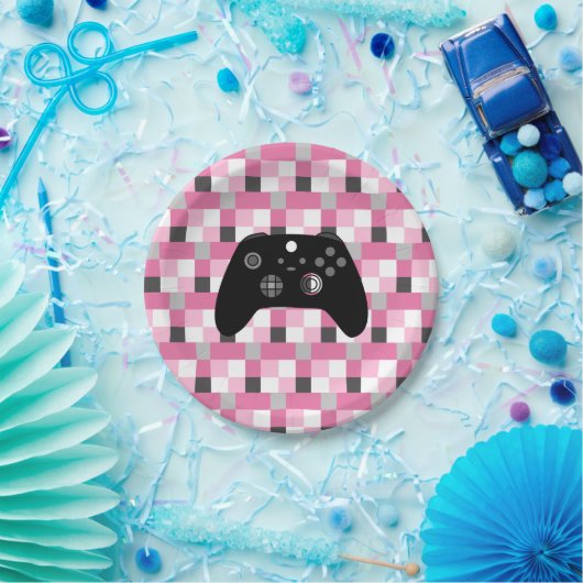 Gamer Girl Pink Pixels en Black Birthday Papieren Bordje (Feest)