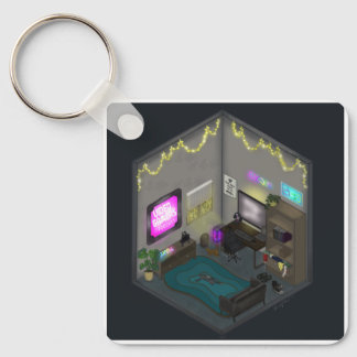 Gamer Girl Video Gaming Isometrische Kamer Diorama Sleutelhanger