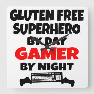 Gamer Gluten Free Superheld Vierkante Klok