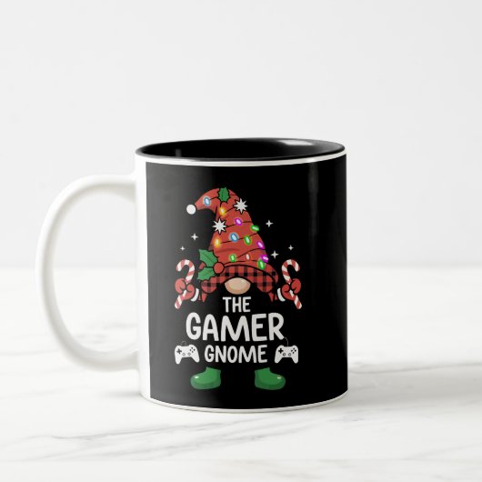 Gamer Gnome Buffalo Plaid bijpassende familie Xmas Tweekleurige Koffiemok (Links)