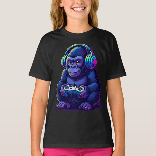 Gamer Gorilla with Headphones — Neon Gaming Vibes T-shirt (Voorkant)