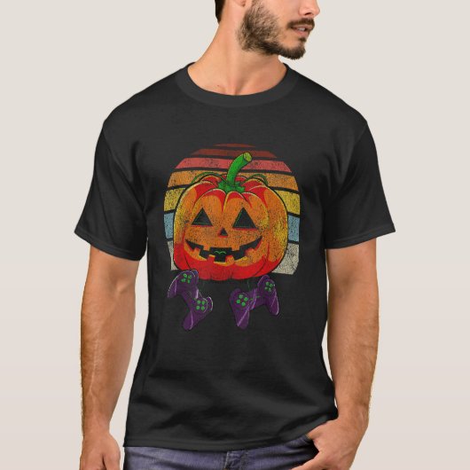 Gamer Halloween Retro Stijl Pompoen Jack O Lantern T-shirt (Voorkant)