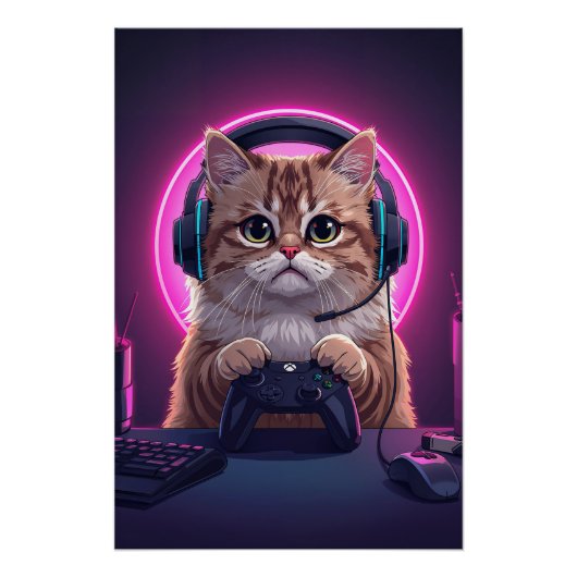 Gamer Kat Kids Poster – Grappige Cartoon Kitten (Voorkant)