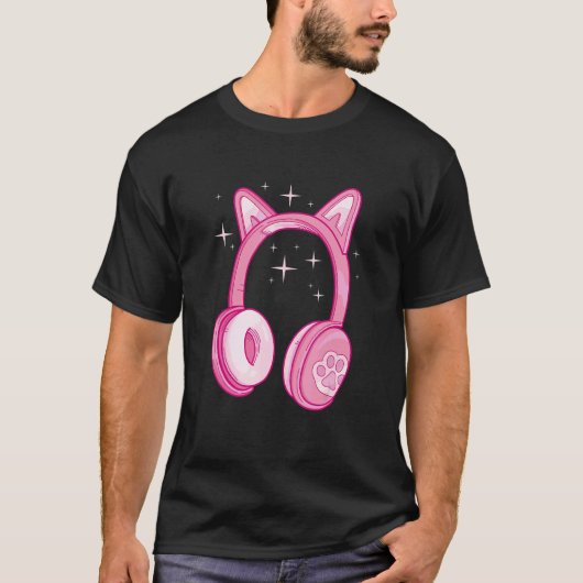 Gamer Kat Koptelefoon Speler Computer T-shirt (Voorkant)