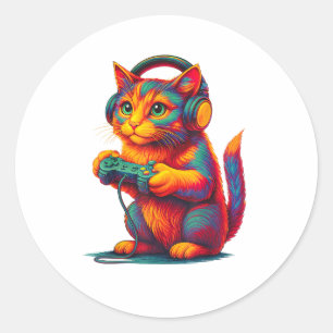 Gamer Kat Videogames Jongens Tiener Mannen Meisjes Ronde Sticker