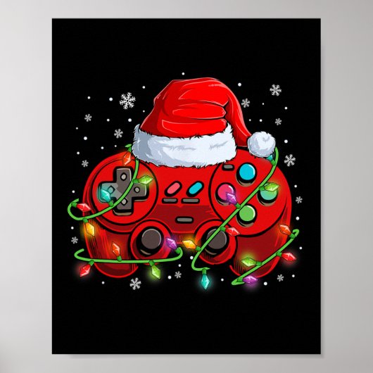 Gamer Kerstmis Videogame Santa Hat Lights Gaming Poster (Voorkant)