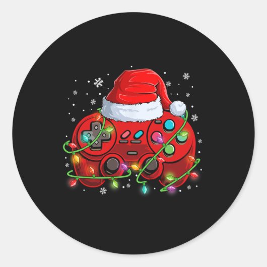 Gamer Kerstmis Videogame Santa Hat Lights Gaming Ronde Sticker (Voorkant)