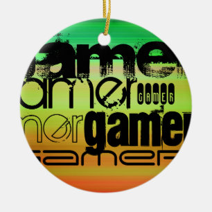 Gamer; Levendig groen, Sinaasappel en geel Keramisch Ornament