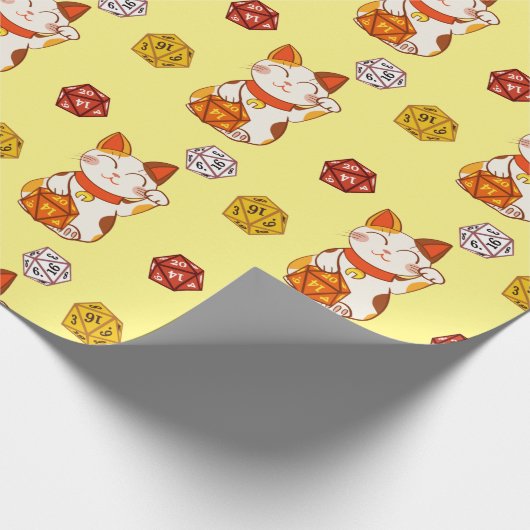 Gamer Maneki Neko Patroon met D20 Dice (Geel) Cadeaupapier (Hoek)