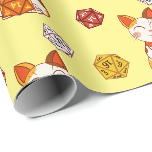 Gamer Maneki Neko Patroon met D20 Dice (Geel) Cadeaupapier (Rol Hoek)