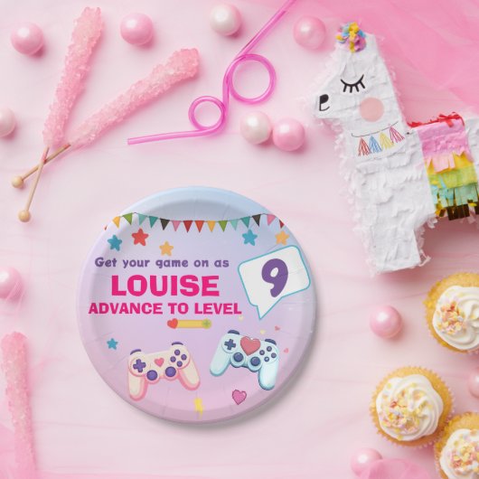 Gamer Meisje Kleurrijke Roze Video Game Papieren Bordje (Feest)