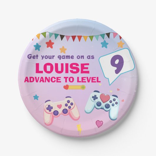 Gamer Meisje Kleurrijke Roze Video Game Papieren Bordje (Voorkant)