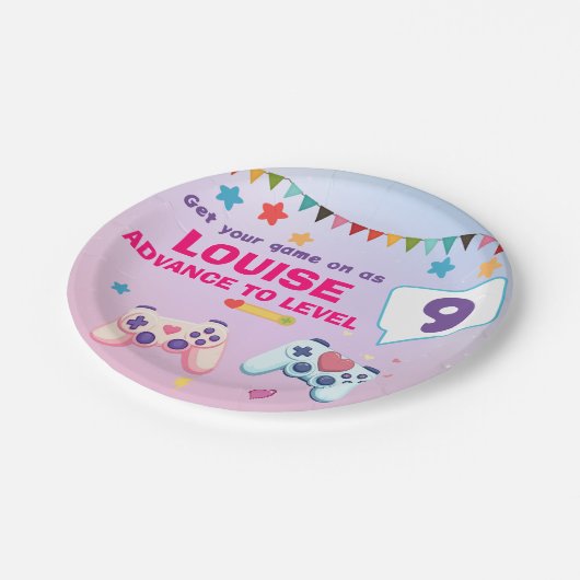 Gamer Meisje Kleurrijke Roze Video Game Papieren Bordje (Gekanteld)