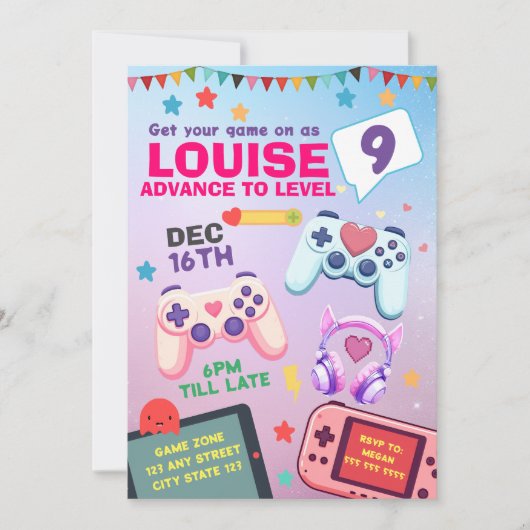 Gamer Meisje Kleurrijke Roze Videogame Verjaardag Kaart (Voorkant)