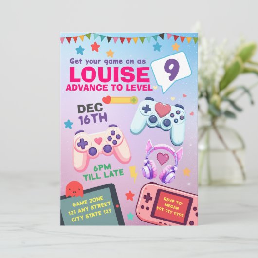 Gamer Meisje Kleurrijke Roze Videogame Verjaardag Kaart (Staand voorkant)