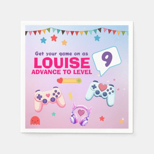 Gamer Meisje Kleurrijke Roze Videogame Verjaardag Servet (Voorkant)