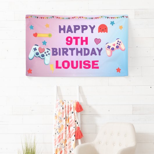 Gamer Meisje Kleurrijke Roze Videogame Verjaardag Spandoek (Insitu)