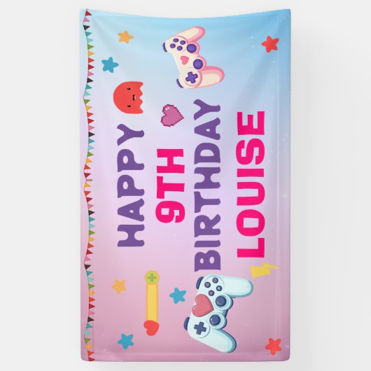 Gamer Meisje Kleurrijke Roze Videogame Verjaardag Spandoek (Verticaal)