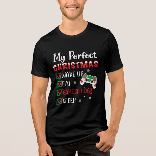 Gamer met kerstfeest Funny Eat Sleep Game Tri-Blend Shirt (Voorkant)