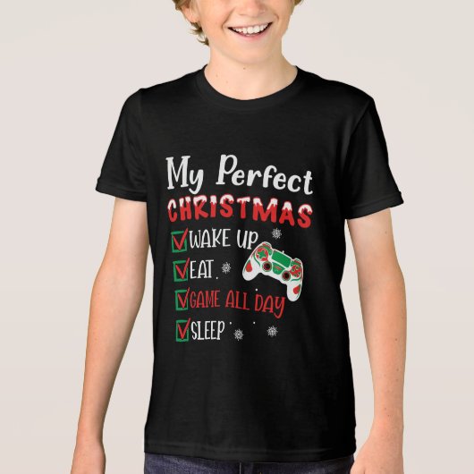 Gamer met kerstfeest Funny Eat Sleep Game Tri-Blend Shirt (Voorkant)