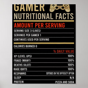 Gamer Nutritional Facts Cool Gamer Video Game Fun Poster