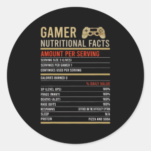 Gamer Nutritional Facts Cool Gamer Video Game Fun Ronde Sticker