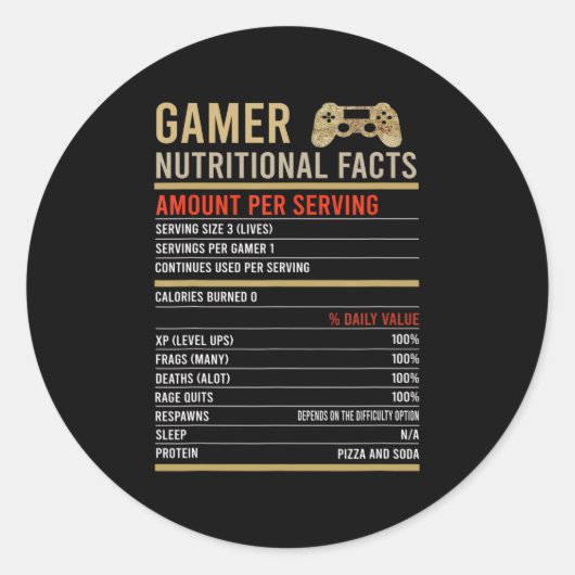Gamer Nutritional Facts Cool Gamer Video Game Fun Ronde Sticker (Voorkant)