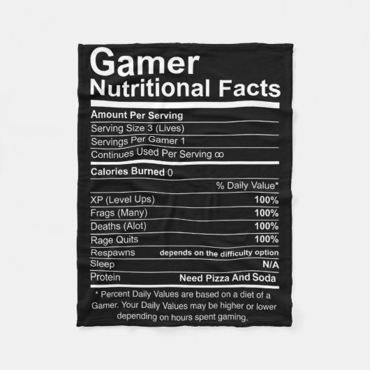 Gamer Nutritional Facts Cool Gamer Video Game Funn Fleece Deken (Voorkant)